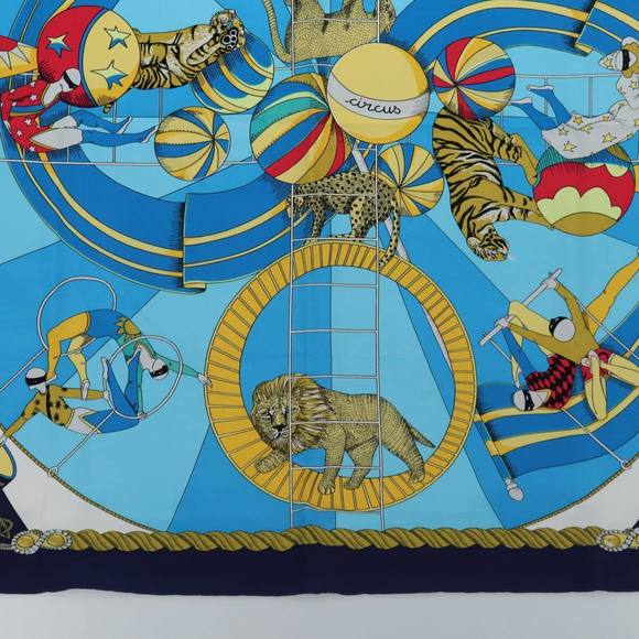 HERMES Carre 90 Scarf ""CIRCUS"" Silk Blue Light Blue white Auth ac3186 - Picture 9 of 15